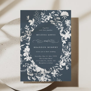 White Wildflower Silhouette Wedding Navy Blue Invitation