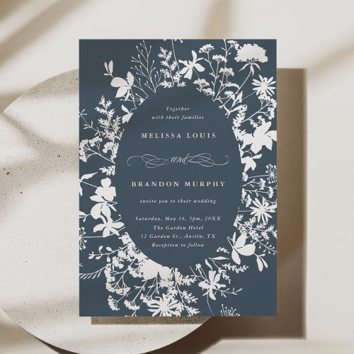 White Wildflower Silhouette Wedding Navy Blue Invitation