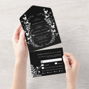 White Wildflower Silhouette Wreath Wedding Black All In One Invitation