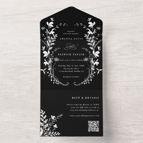 White Wildflower Silhouette Wreath Wedding Black All In One Invitation