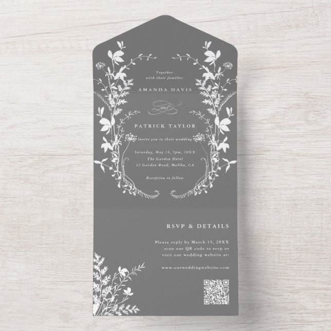 White Wildflower Silhouette Wreath Wedding Gray All In One Invitation (Inside)