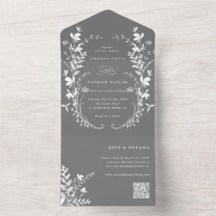 White Wildflower Silhouette Wreath Wedding Gray All In One Invitation