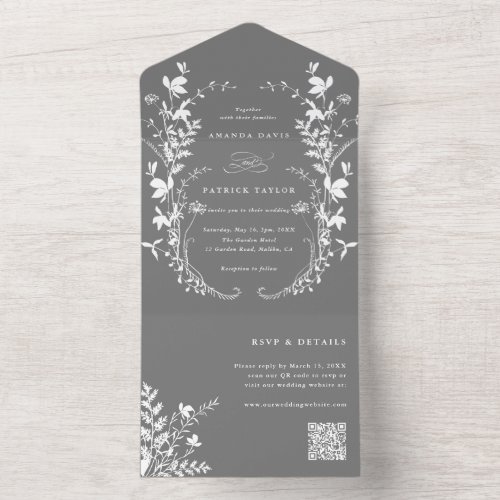 White Wildflower Silhouette Wreath Wedding Gray All In One Invitation