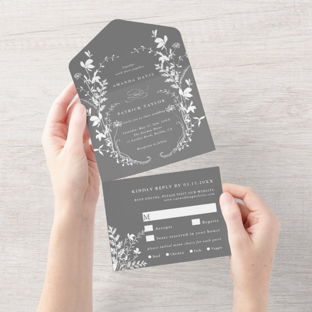 White Wildflower Silhouette Wreath Wedding Gray All In One Invitation (Tearaway)