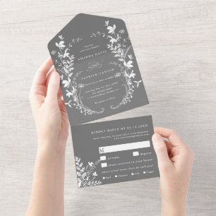 White Wildflower Silhouette Wreath Wedding Gray All In One Invitation