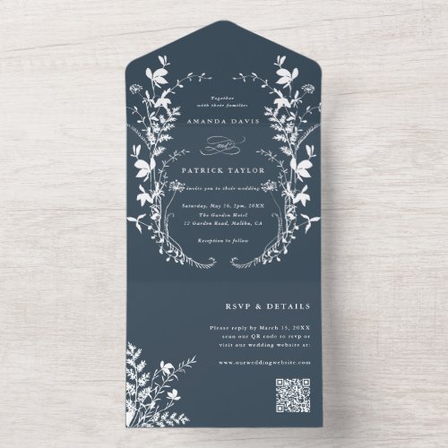 White Wildflower Silhouette Wreath Wedding Navy All In One Invitation