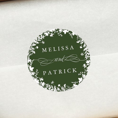 White Wildflower Wreath Silhouette Wedding Green Classic Round Sticker