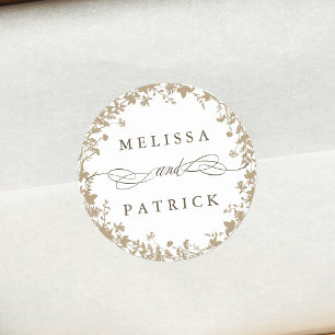 White Wildflower Wreath Silhouette Wedding Tan Classic Round Sticker