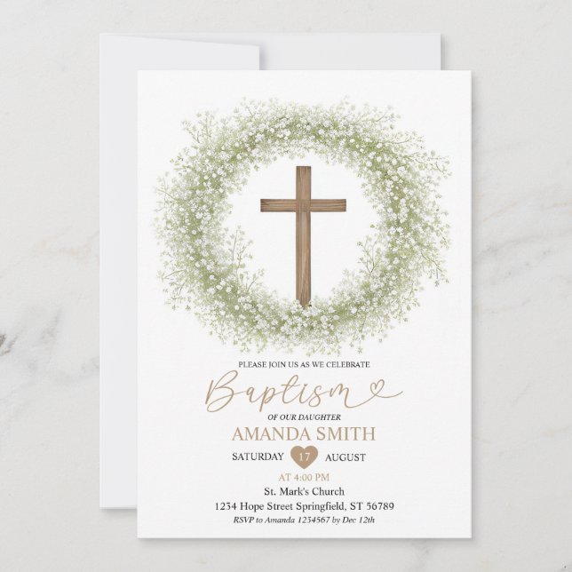 White Wildflowers Baby's Breath Wood Cross Baptism Invitation (Front)