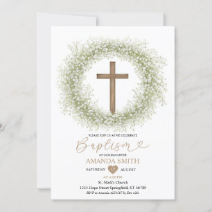 White Wildflowers Baby's Breath Wood Cross Baptism Invitation