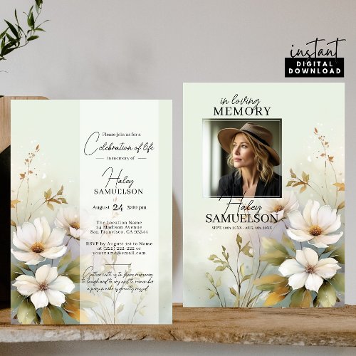 White Wildflowers Celebration of Life  PHOTO Invitation