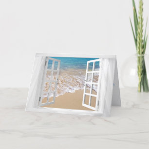white window with ocean seashore birthday card