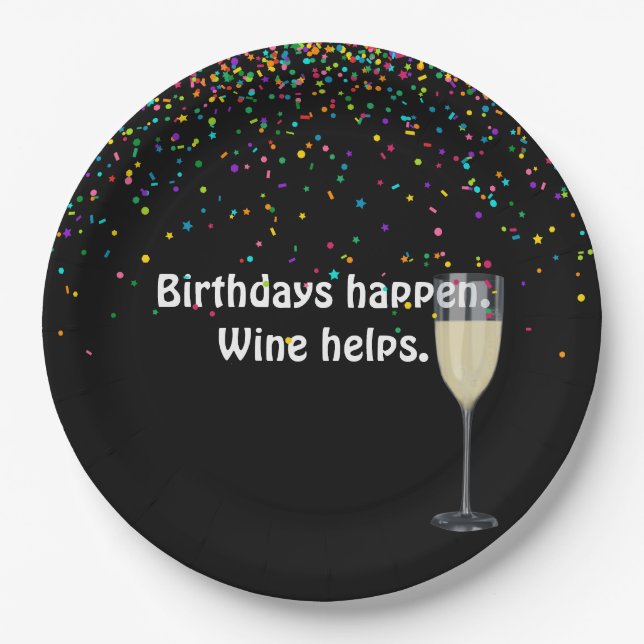 white wine and birthday party confetti paper plates (Front)