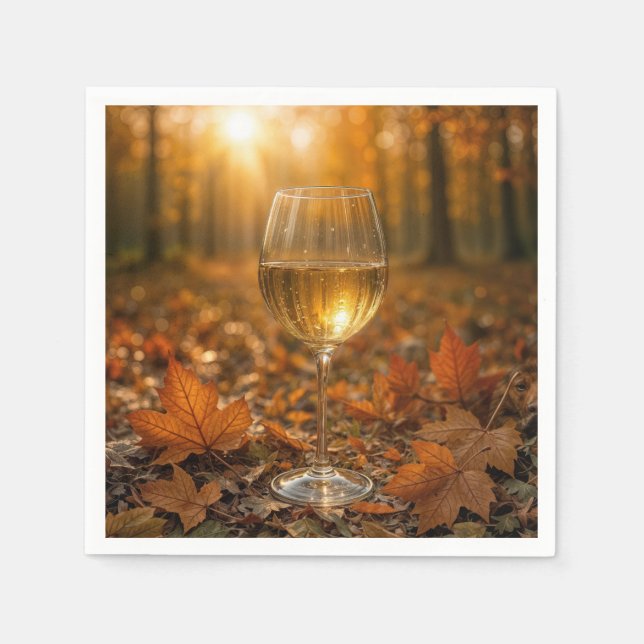White Wine Glass In Autumn Maple Leaves Napkins (Front)