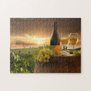 White Wine With Barrel On Vineyard In Chianti Jigsaw Puzzle