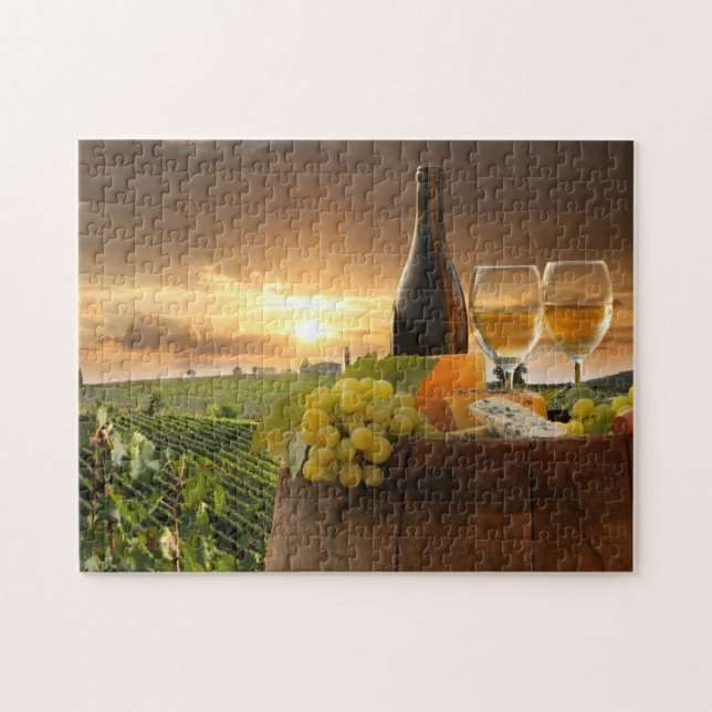 White Wine With Barrel On Vineyard In Chianti Jigsaw Puzzle (Horizontal)