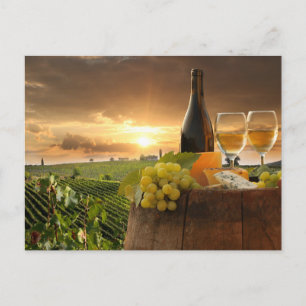 White Wine With Barrel On Vineyard In Chianti Postcard