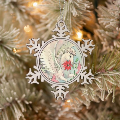 White Winged Horse Christmas Snowflake Pewter Christmas Ornament