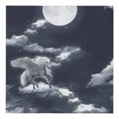 White winged horse flying in the sky with full moo faux canvas print