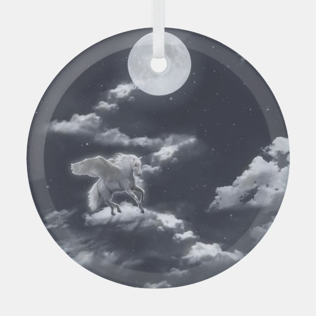 White winged horse: moonlit sky. glass ornament (Front)