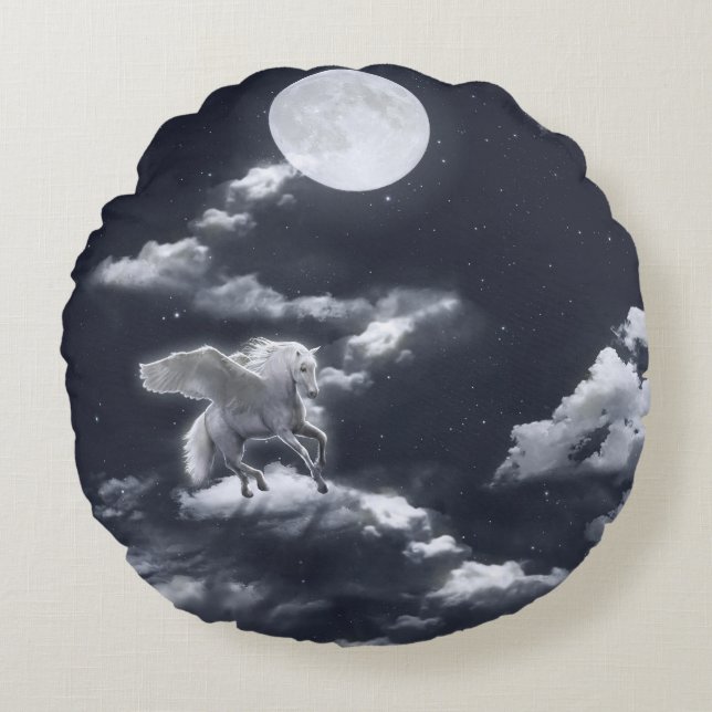 White winged horse: moonlit sky. round pillow (Front)