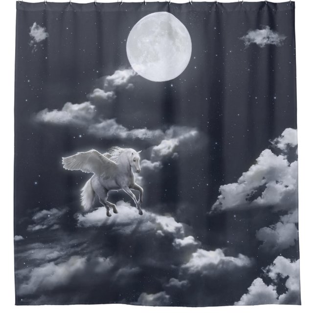 White winged horse: moonlit sky. shower curtain (Front)