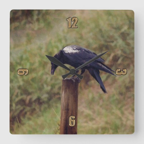 White_Winged Raven and Fence_Post Art Square Wall Clock