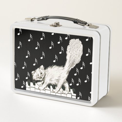 White Winking Cat Fluffy Tail on Piano Music Notes Metal Lunch Box