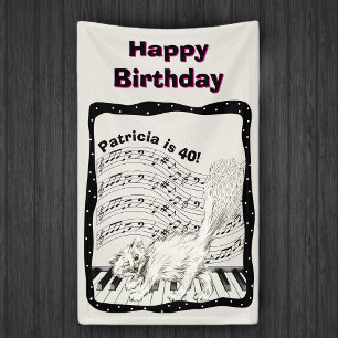 White Winking Cat Piano Keys Music Note Birthday Banner