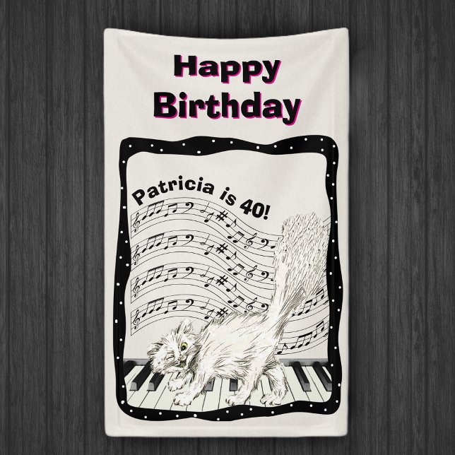 White Winking Cat Piano Keys Music Note Birthday Banner (White cat piano keys bars black music notes wavy black white dotted frame on Happy Birthday backdrop)