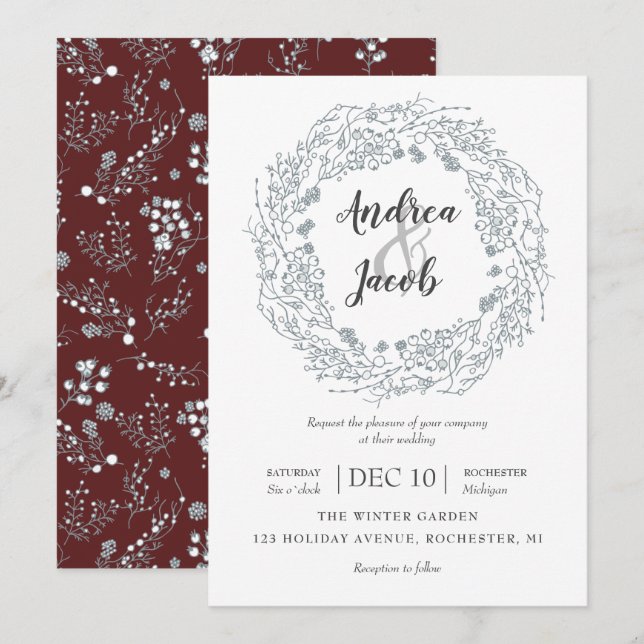 White winter Berries wreath wedding Invitation (Front/Back)