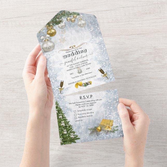 White Winter Celebration All in One Wedding Invite (Tearaway)