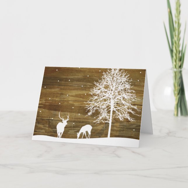 White Winter Deer and Snow - Reclaimed Wood Rustic Holiday Card (Front)