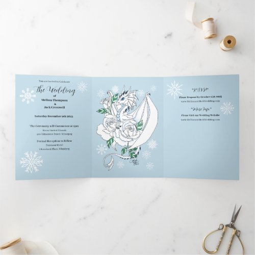 White Winter Dragon Snowflakes Blue Tri_Fold Invitation