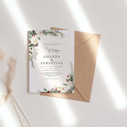 White Winter Floral Berries Pine Cone Wedding Invitation