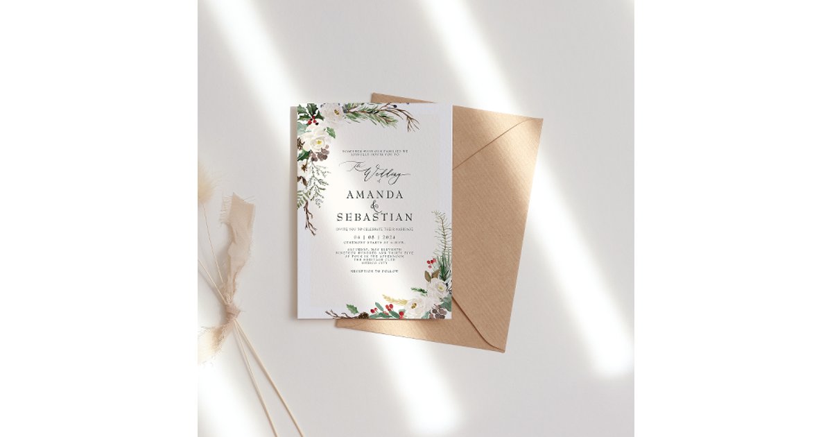 White Winter Floral Berries Pine Cone Wedding Invitation | Zazzle
