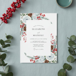 White Winter Floral Brushstroke Wedding Invitation