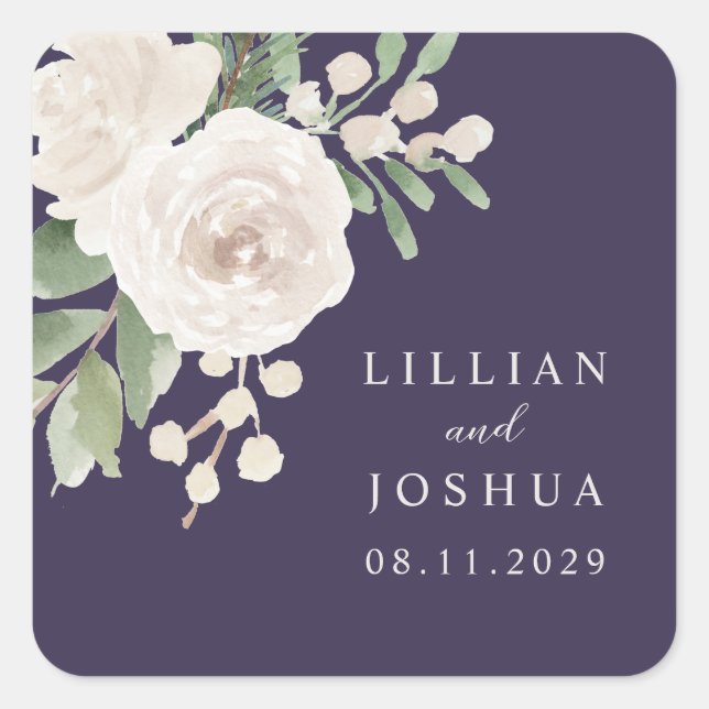 White Winter Floral Purple Wedding Square Sticker (Front)