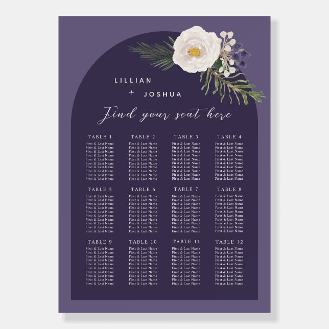 White Winter Floral Romantic Purple Seating Chart Foam Board (Front)