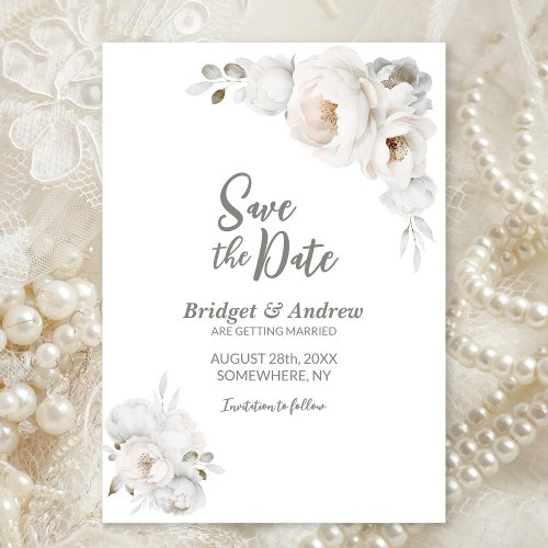 White Winter Floral Wedding Save The Date