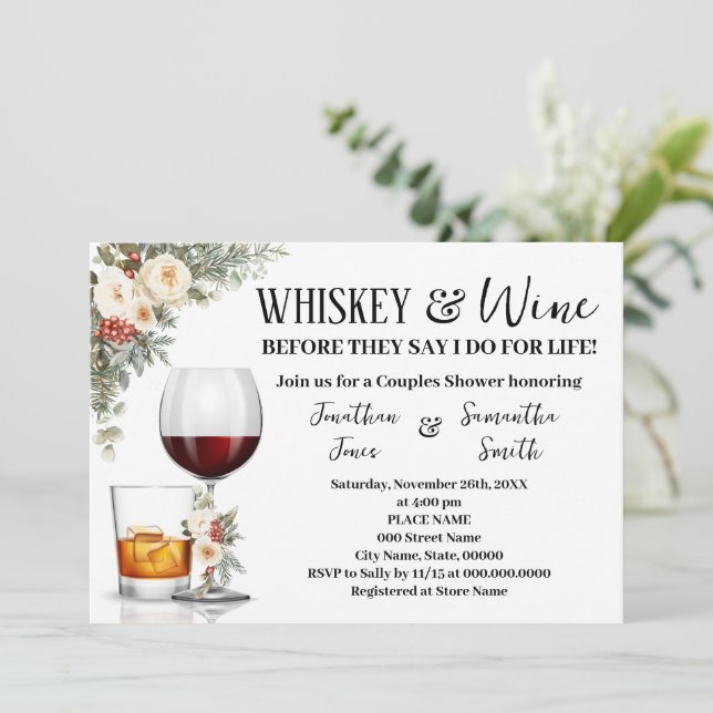 White Winter Floral Whiskey & Wine Couples Shower Invitation (Standing Front)