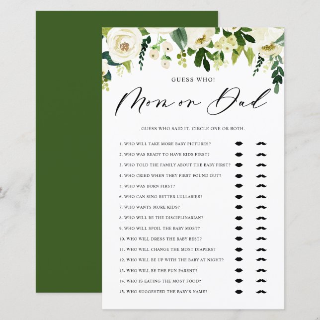 White Winter Flowers Guess Who Mom or Dad Game (Front/Back)