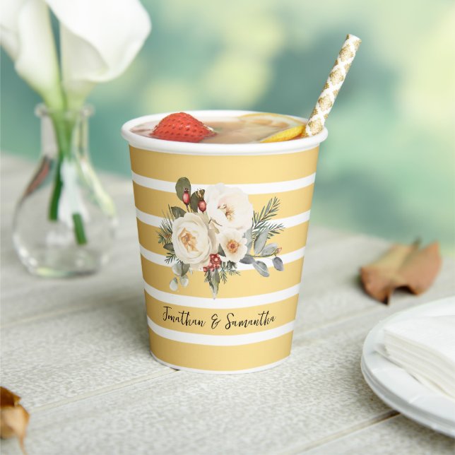 White Winter Flowers Wedding Paper Cups (Insitu)