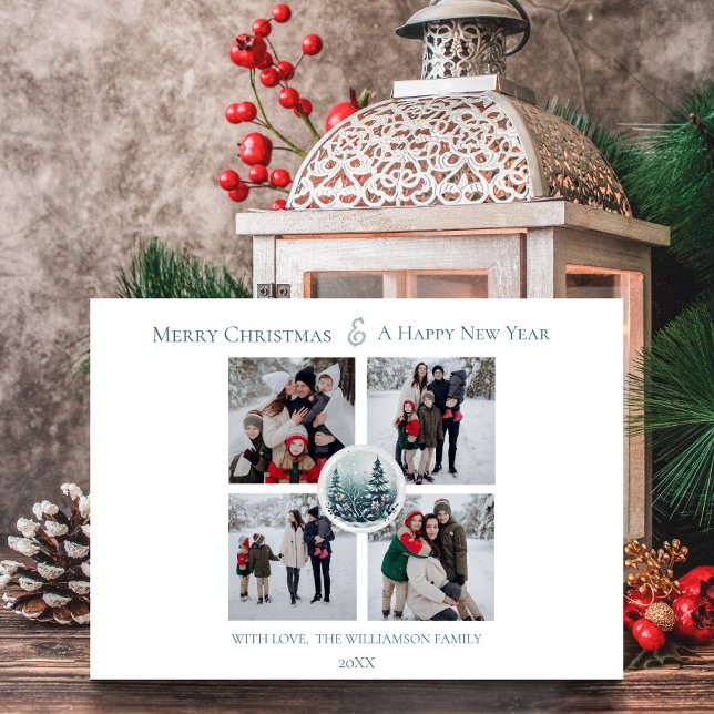 White Winter Forest Floral Photo Collage Holiday Card (White Winter Forest Floral Photo Collage Holiday Card)