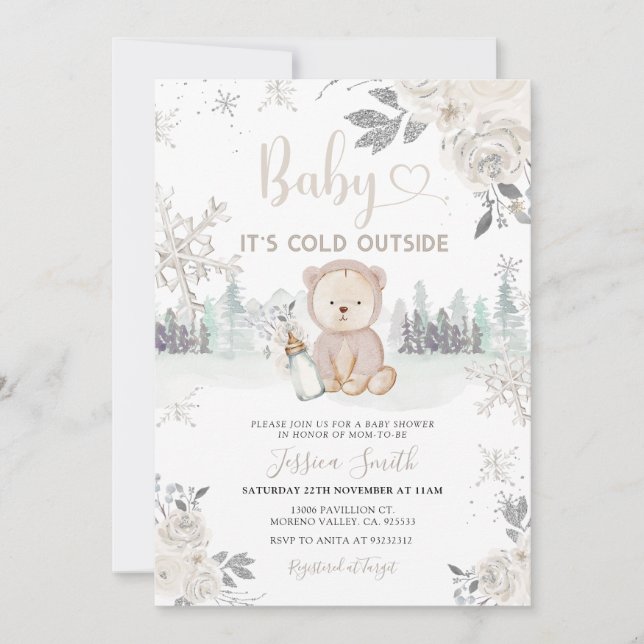 White Winter Forest It's Cold Outside Baby Shower Invitation (Front)
