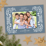 White Winter Greenery Photo Christmas Holiday Card<br><div class="desc">This horizontal dusty blue Christmas card features an elegant white winter greenery illustration that frames the photo.</div>