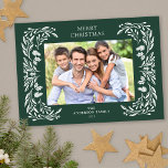 White Winter Greenery Photo Christmas Holiday Card<br><div class="desc">This dark forest green Christmas card features an elegant white winter greenery illustration that frames the horizontal photo.</div>