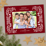 White Winter Greenery Photo Christmas Holiday Card<br><div class="desc">This dark red Christmas card showcases an elegant white winter greenery illustration that frames the horizontal photo.</div>