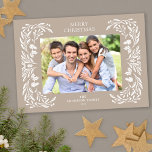 White Winter Greenery Photo Christmas Holiday Card<br><div class="desc">This light tan horizontal photo Christmas card features an elegant white winter greenery illustration that frames the picture.</div>