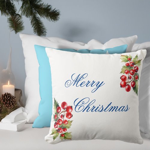 White Winter Holly Berries Merry Christmas Throw Pillow